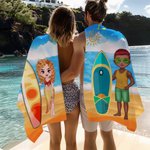Serviette de Plage Personnalisée avec Personnage de Dessin Animé Planche de Surf et Nom Cadeau Anniversaire Vacances d'Été pour Homme Femme