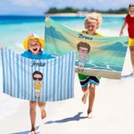 Personalized Cartoon Boy Girl Sunset Stripe Quick Dry Oversized Microfiber Beach Towel with Name Summer Travel Essential Vacation Gift for Kids