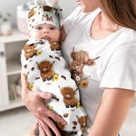 Personalised Cute Highland Cow Soft Throw Blanket Baby Swaddle Hat Set with Name Home Decor Anniversary Birthday Gift for Family Baby