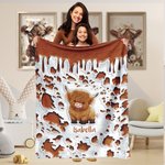 Personalised Cute Highland Cow Soft Throw Blanket Baby Swaddle Hat Set with Name Home Decor Anniversary Birthday Gift for Family Baby