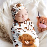 Personalised Cute Highland Cow Soft Throw Blanket Baby Swaddle Hat Set with Name Home Decor Anniversary Birthday Gift for Family Baby