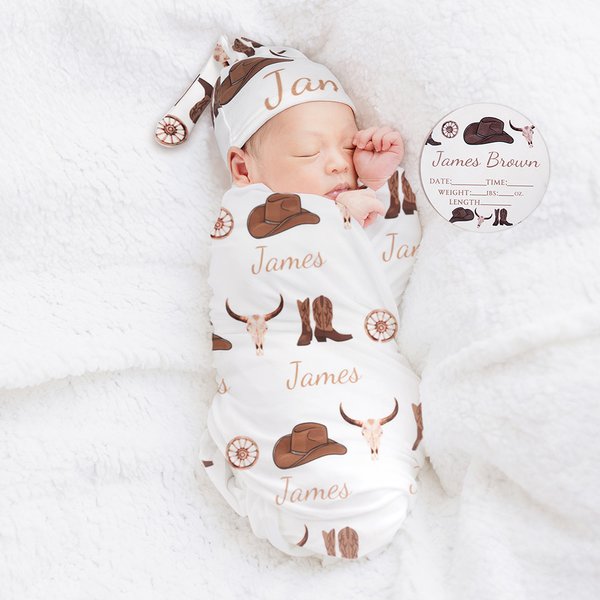 Personalized Cowboy Hat and Boots Soft Baby Swaddle Hat Bow Headband Set with Name Coming Home Outfit Baby Shower Birthday Gift for Newborns
