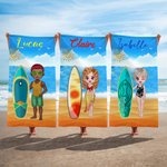 Serviette de Plage Personnalisée avec Personnage de Dessin Animé Planche de Surf et Nom Cadeau Anniversaire Vacances d'Été pour Homme Femme