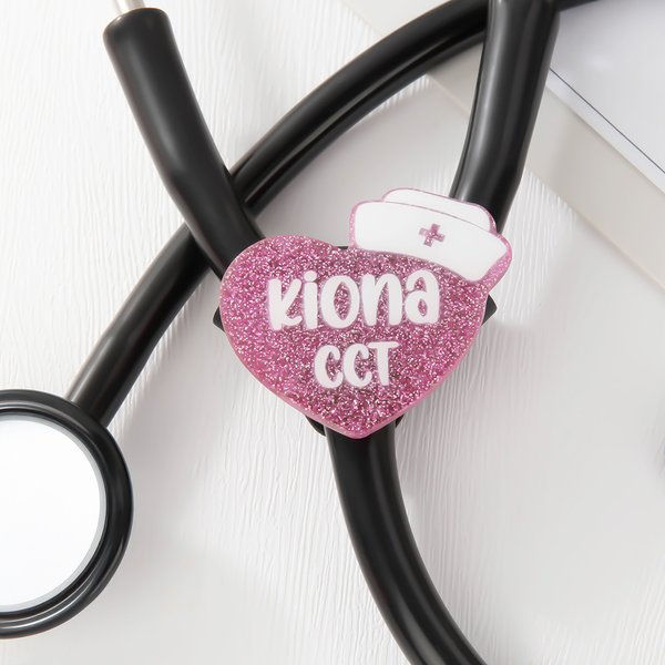 Personalized Glitter Heart Nurse Cap Concealed Snap Stethoscope ID Tag with Name Job Title Nurses Week Appreciation Birthday Gift for Medical Staff