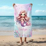 Personalized Cute 3D Cartoon Pink Fantasy Mermaid Quick Dry Oversized Beach Towel with Name Summer Vacation Birthday Gift for Girls Women