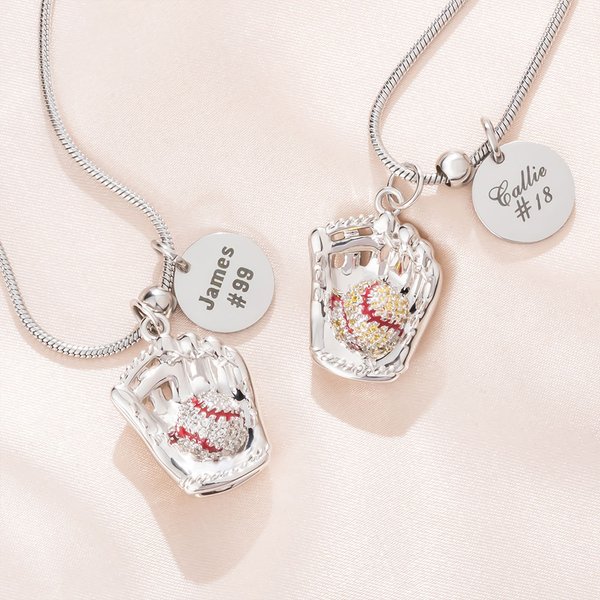 Personalized Inlaid Zircon Baseball Softball Glove Pendant Necklace with Engraved Text and Disc Charm Game Day Birthday Gift for Baseball Boys Girls