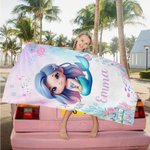 Personalized Cute 3D Cartoon Pink Fantasy Mermaid Quick Dry Oversized Beach Towel with Name Summer Vacation Birthday Gift for Girls Women