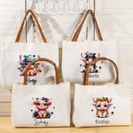 Personalized Cute Highland Cow Canvas Tote Bag with Name and Leather Handle Travel Accessory Birthday Gift for Girls Highland Cow Lovers