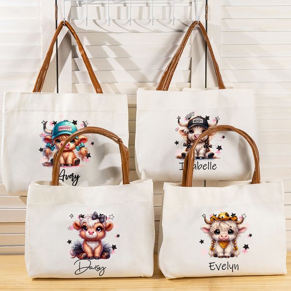 Personalized Cute Highland Cow Canvas Tote Bag with Name and Leather Handle Travel Accessory Birthday Gift for Girls Highland Cow Lovers