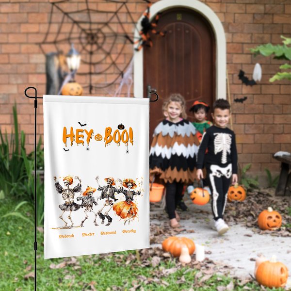 Personalised Funny Pumpkin Dancing Skeletons Garden Flag with 3-8 Names and Quote Yard Porch Decor Halloween Housewarming Gift for Family Friend