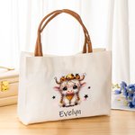 Personalized Cute Highland Cow Canvas Tote Bag with Name and Leather Handle Travel Accessory Birthday Gift for Girls Highland Cow Lovers