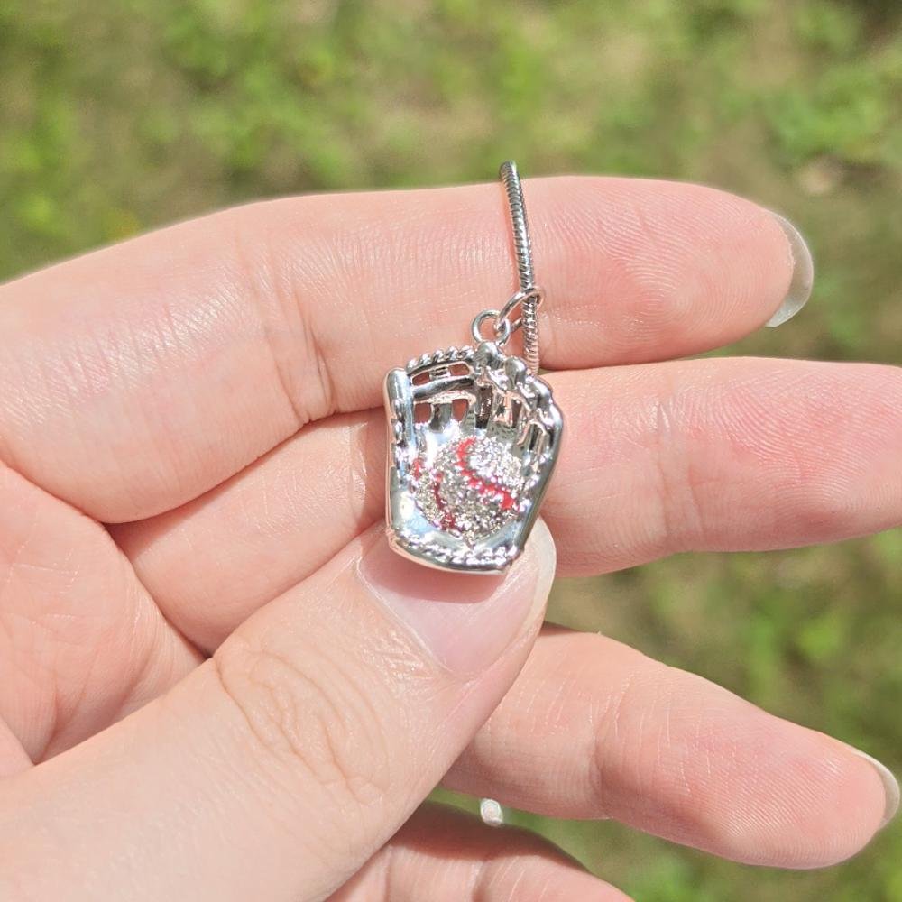 Personalized Inlaid Zircon Baseball Softball Glove Pendant Necklace with Engraved Text and Disc Charm Game Day Birthday Gift for Baseball Boys Girls 5