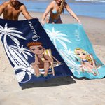 Asciugamano da spiaggia personalizzato in microfibra ad asciugatura rapida con nome e personaggio cartone animato sfondo palma regalo per famiglia