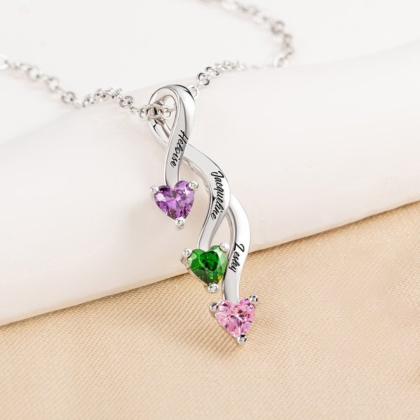 Personalized Minimalist Family 2-8 Heart Shaped Birthstones Necklace with Engraved Names Mother's Day Birthday Gift for Women Mom