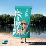 Asciugamano da spiaggia personalizzato in microfibra ad asciugatura rapida con nome e personaggio cartone animato sfondo palma regalo per famiglia