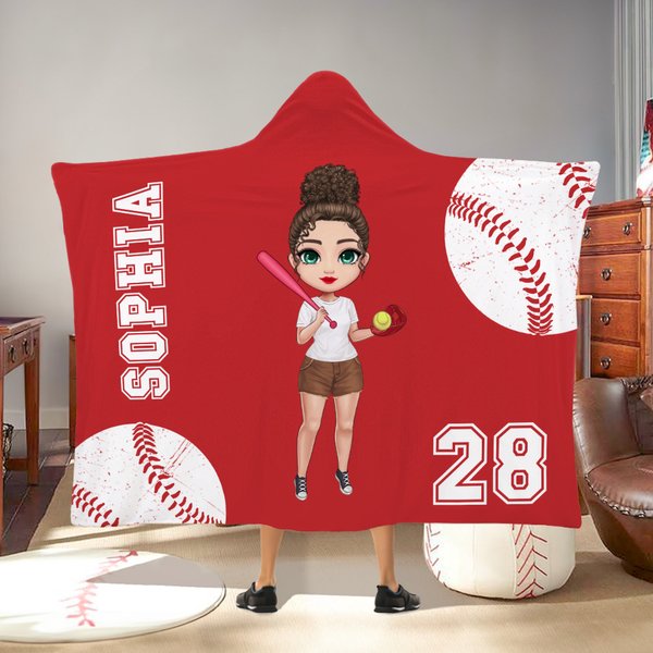 Personalized Multicolor Tennis Pickle Ball Sports Cartoon Character Soft Hooded Blanket with Name and Number Birthday Gift for Women Sports Lovers