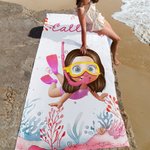 Personalized Cartoon Scuba Diver Quick Dry Oversized Name Beach Towel and Bag Summer Vacation Beach Essentials Birthday Gift for Boys Girls Adults