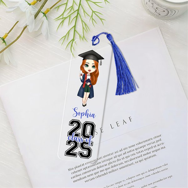 Personalisierte 2025 Cartoon Graduate Charakter klar Acryl Lesezeichen mit Namen und Jahr Geburtstag Graduierung Geschenk für Buchliebhaber Bücherwürmer