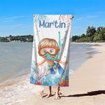 Personalized Cartoon Scuba Diver Quick Dry Oversized Name Beach Towel and Bag Summer Vacation Beach Essentials Birthday Gift for Boys Girls Adults