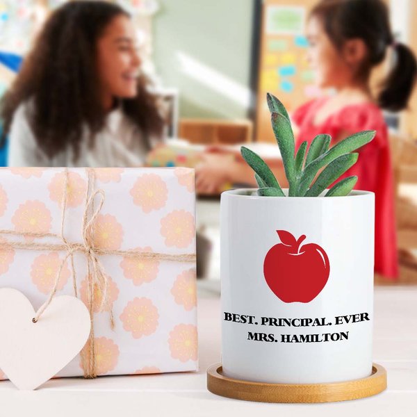 Gepersonaliseerde Appel Potlood Wijsheid Icoon Keramische Plantenpot met Tekst en Bamboe Dienblad Bureau Decor Waardering Week Lerarendag Cadeau voor Leraren