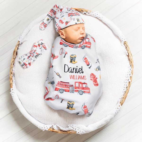 Personalised Cute Fire Lorry Soft Baby Swaddle Hat Bow Headband with Name Coming Home Outfit Photo Prop Baby Shower Gift for Newborn