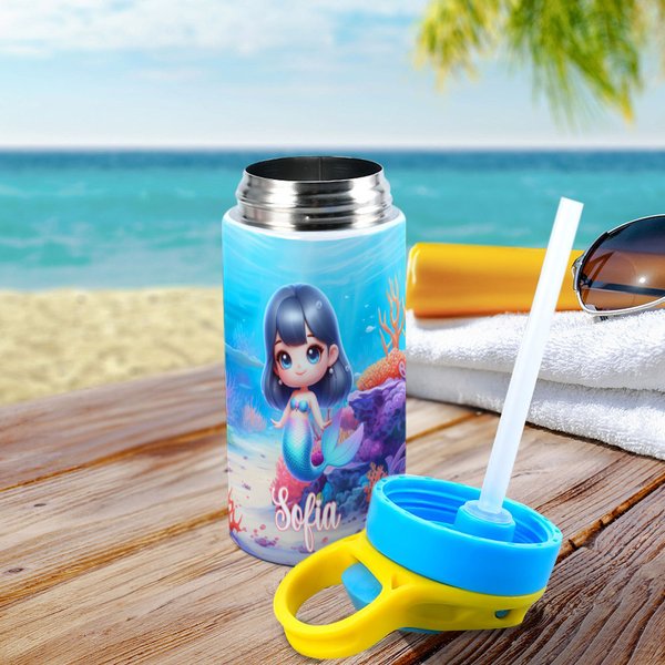 Personalisierte Fantasy 3D Cartoon Meerjungfrau 12 oz isolierte Wasserflasche mit Namen und auslaufsicheren Deckel zurück zu Schule Geburtstag Geschenk für Mädchen
