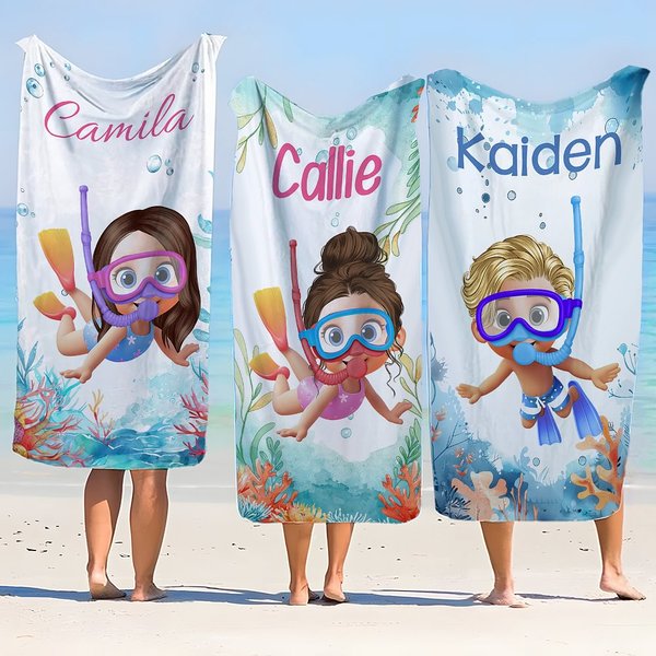 Personalized Cartoon Scuba Diver Quick Dry Oversized Name Beach Towel and Bag Summer Vacation Beach Essentials Birthday Gift for Boys Girls Adults