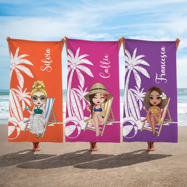 Asciugamano da spiaggia personalizzato in microfibra ad asciugatura rapida con nome e personaggio cartone animato sfondo palma regalo per famiglia