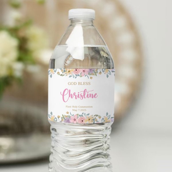 Etiquette de bouteille imperméable personnalisée avec nom et date Première Communion Eglise Mariage Décor pour Chrétiens