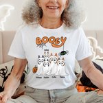 Personalised Booey Cute Dog Ghost Pumpkin 100% Cotton Kid Aldult T-shirt with 1-6 Names Halloween Party Gift for Family Kids Friends