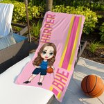 Serviette de Plage Personnalisée avec Nom et Personnage Dessin Animé Style Spotif Cadeau d'Anniversaire pour Amoureux du Sport