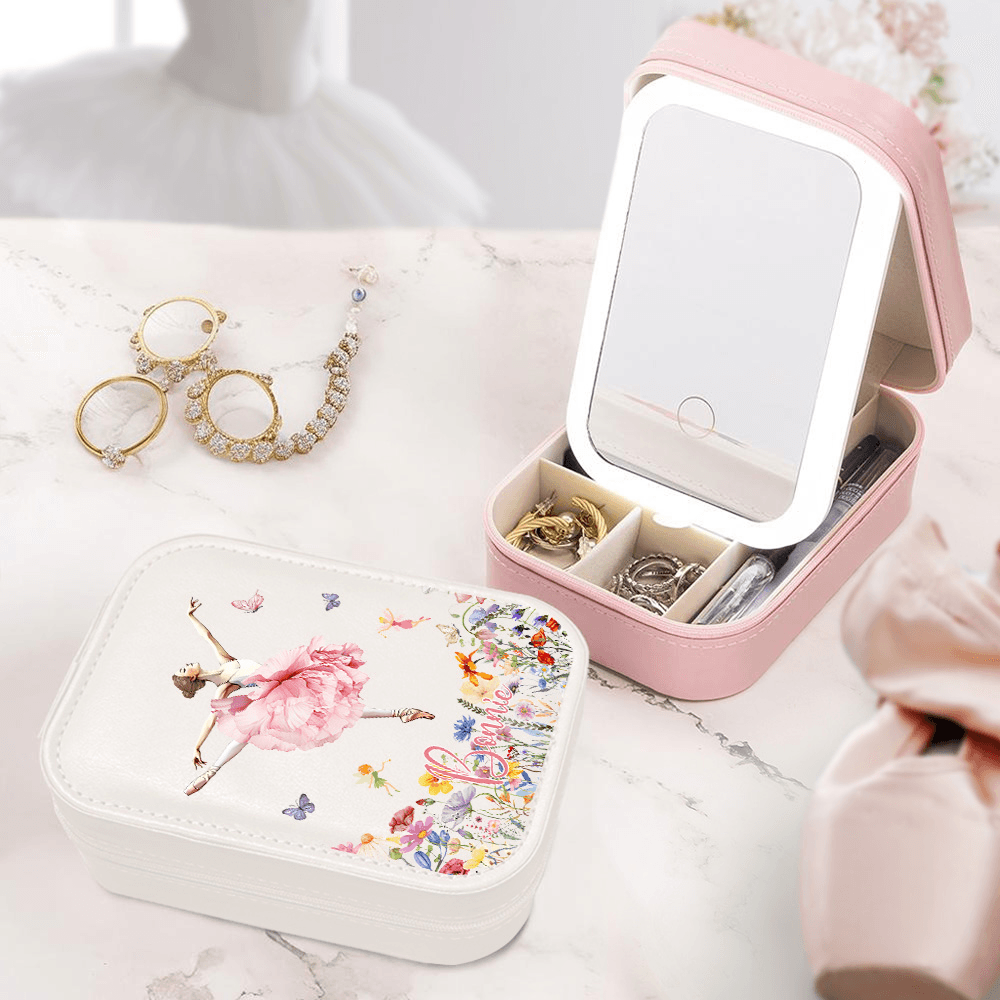 Custom Birth Flower and Name Ballet Girl Butterfly Makeup Jewelry Box with Three-Color LED Light Mirror, Travel Essentials, Gift for Ballet Lover