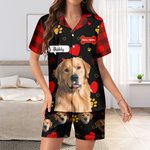 Personalized Cute Paw Print Bone Pet Photo Soft Short Sleeve Pajama Set with Title and Name Anniversary Birthday Gift for Pet Lovers Owners