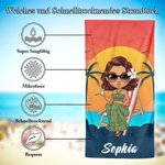 Personalisiertes Retro Sonnenuntergang Cartoon Charakter Strandtuch mit Namen Schnelltrocknen Übergroß Sommer Geburtstag Geschenk für Freunde