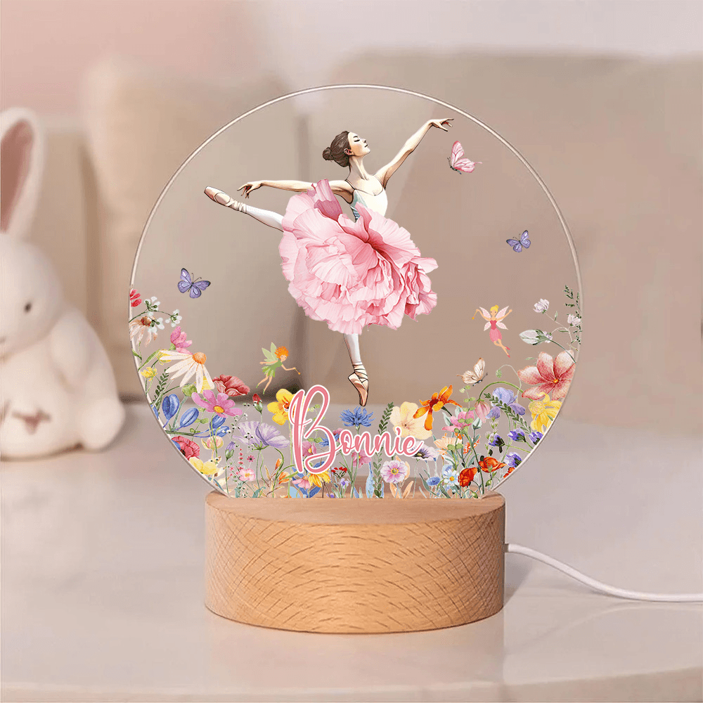 Personalized Watercolor Ballet Girl Butterfly LED Night Light with Name and Birth Flower, Acrylic Night Lamp with Wooden Base, Gift for Ballet Lover