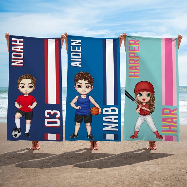 Serviette de Plage Personnalisée avec Nom et Personnage Dessin Animé Style Spotif Cadeau d'Anniversaire pour Amoureux du Sport