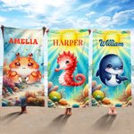 Personalized Underwater World Cute Cartoon Marine Animal Soft Quick Dry Oversized Beach Towel with Name Beach Pool Party Birthday Gift for Kids