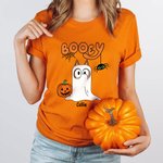 Personalised Booey Cute Dog Ghost Pumpkin 100% Cotton Kid Aldult T-shirt with 1-6 Names Halloween Party Gift for Family Kids Friends