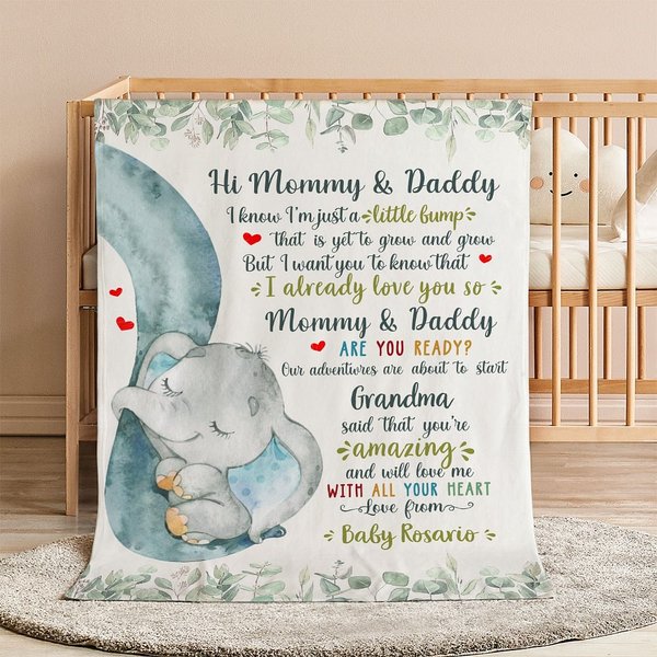 Personalised Baby Elephant Leaf Soft Blanket with Name and Title Nursery Decor Mother's Day Baby Shower Gift for New Grandparents Newborns Mom