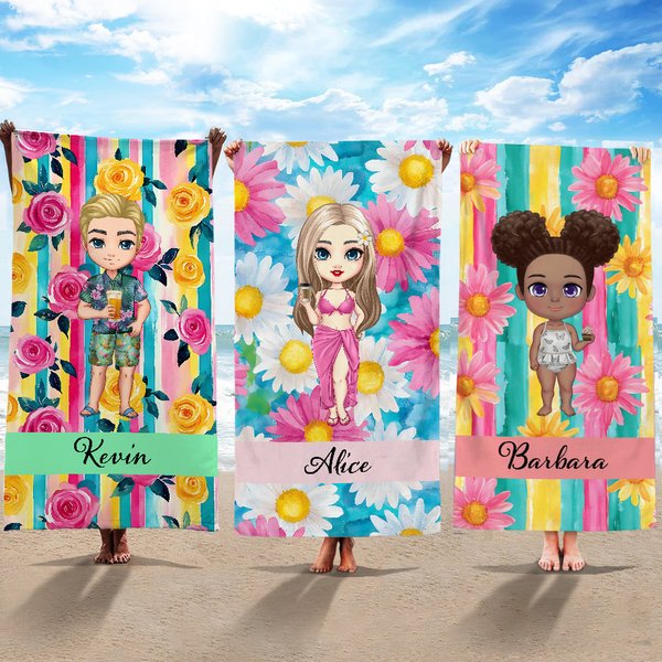 Personalised Summer Floral Cute Cartoon Character Quick Dry Oversized Beach Towel with Name Vacation Accessory Birthday Gift for Family Friends