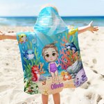 Personalized Underwater World Ocean Sea Turtle Dolphin Cartoon Character Name Hooded Beach Towel Beach Vacation Favor Travel Birthday Gift for Kids