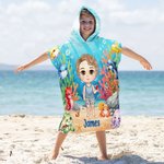 Personalized Underwater World Ocean Sea Turtle Dolphin Cartoon Character Name Hooded Beach Towel Beach Vacation Favor Travel Birthday Gift for Kids