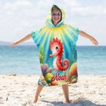 Personalized Sea Animal Underwater World Super Absorbent Hooded Beach Towel with Name Travel Summer Vacation Birthday Gift for Boys Girls