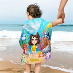 Personalized Underwater World Ocean Sea Turtle Dolphin Cartoon Character Name Hooded Beach Towel Beach Vacation Favor Travel Birthday Gift for Kids