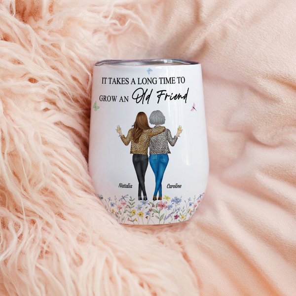 Personalized 2-4 Leopard Besties Back View Floral 12 oz Wine Tumbler with Lid and Names Friendship Birthday Gift for Friends