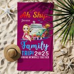 Personalized Cartoon Character Cruise Ship Coconut Tree Quick Drying Oversized Soft Beach Towel with Name and Year Beach Party Gift for Family Friend