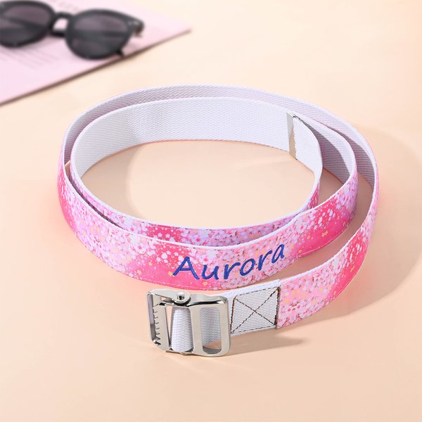 Personalized Embroidery Pink Flower Fantasy Butterfly Canvas Belt with Name and Adjustable Buckle Birthday Gift for Women Girls