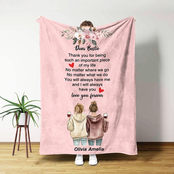 Personalized Bestie Clip Art Character Soft Throw Blanket with Names and Texts Home Decor Birthday Gift for Women Bestie Sisters
