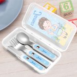 Personalized Cute Cartoon Kid Safe Stainless Steel Fork Spoon Knife 3 Pcs Cutlery Set with Name and Case Back to School Birthday Gift for Boys Girls