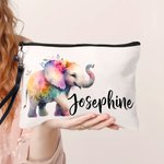 Personalised Watercolour or Jungle Elephant Design Linen Makeup Bag with Name and Wristlet Travel Accessories Birthday Gift for Women Elephant Lovers